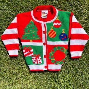 VTG Hot Fudge Christmas Holiday Cardigan Knit Sweater Tree Presents Wreath 18 Mo